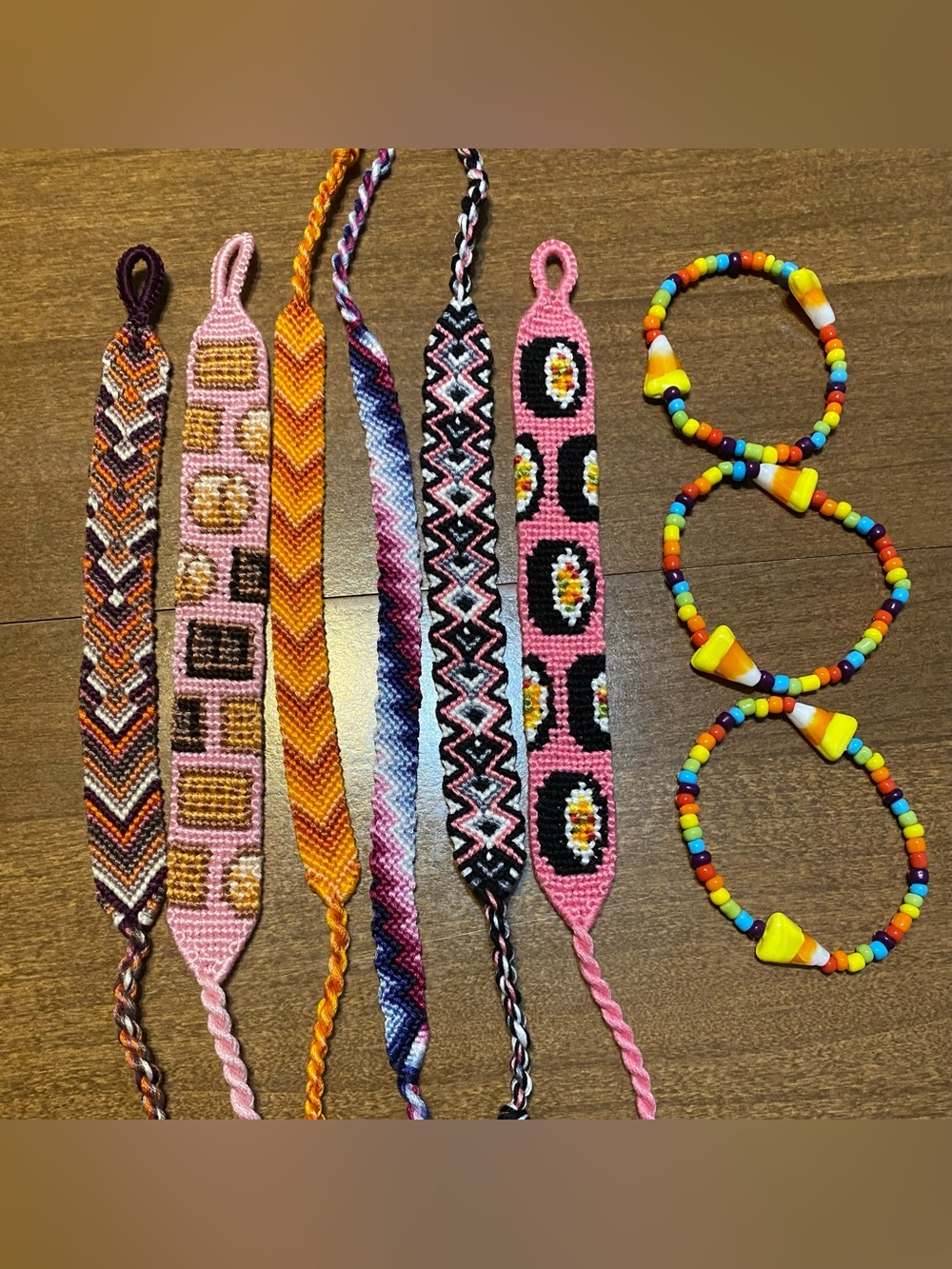 handmade friendship bracelets and candy corn stretch bracelets